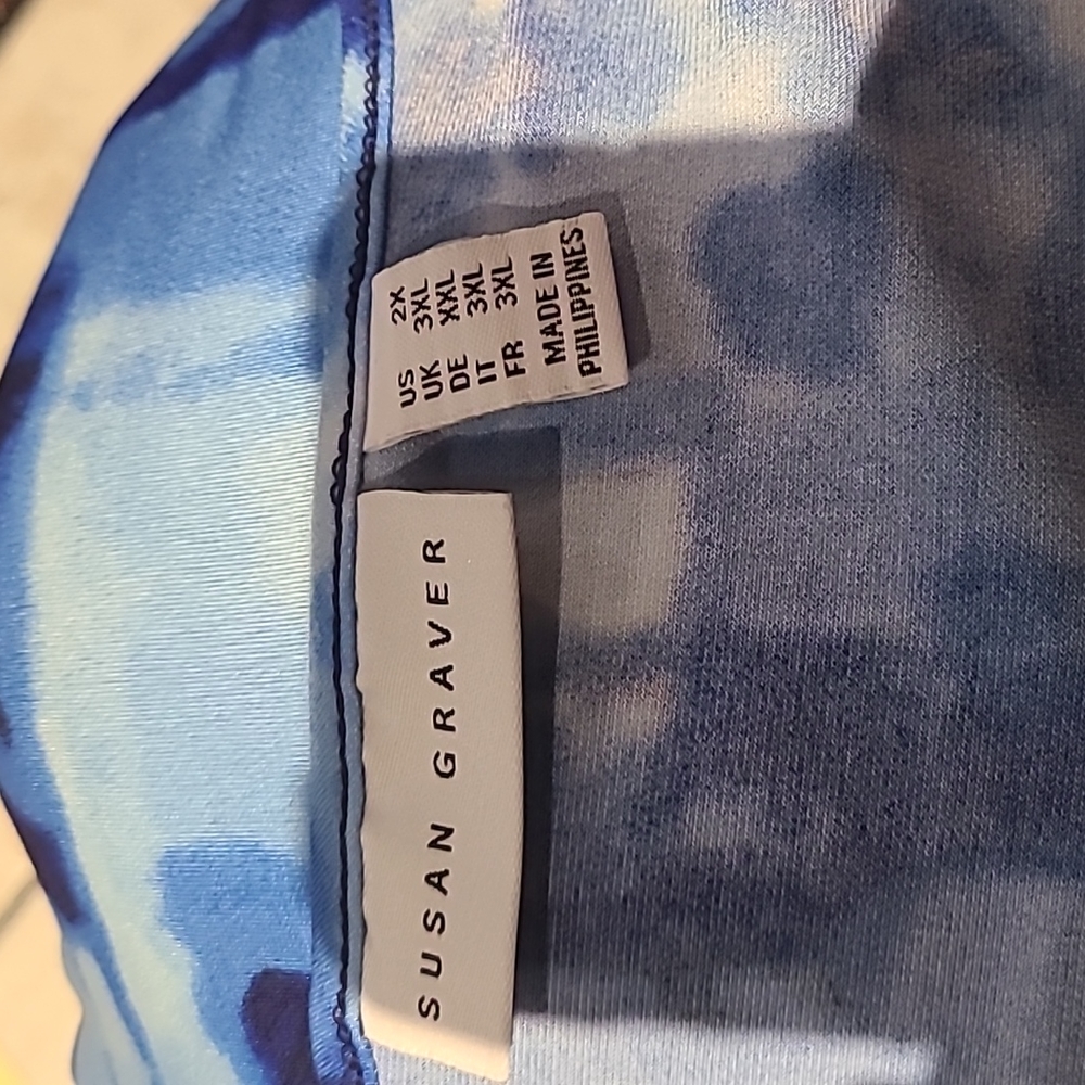 Susan Graver cold shoulder 3/4 sleeve blue print dress - Picture 2 of 3